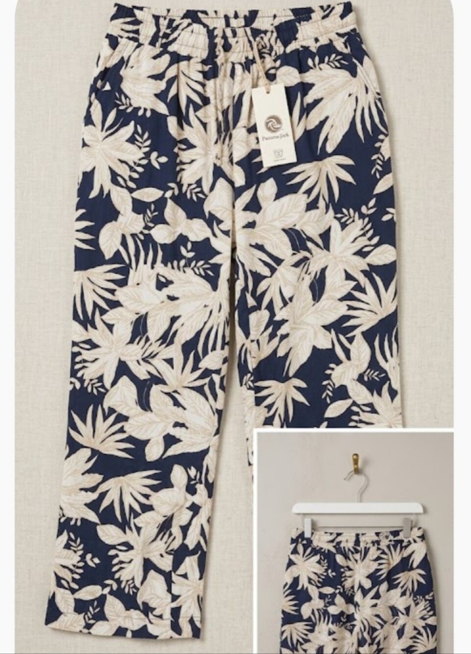 Panama Jack Navy Pull-On Wide Leg Pants with Cream Leaf Print